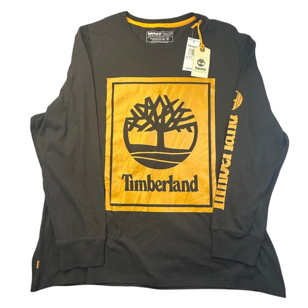 Timberland Long Sleeve Stack Logo Graphic Tee Organic Cotton Black Wheat